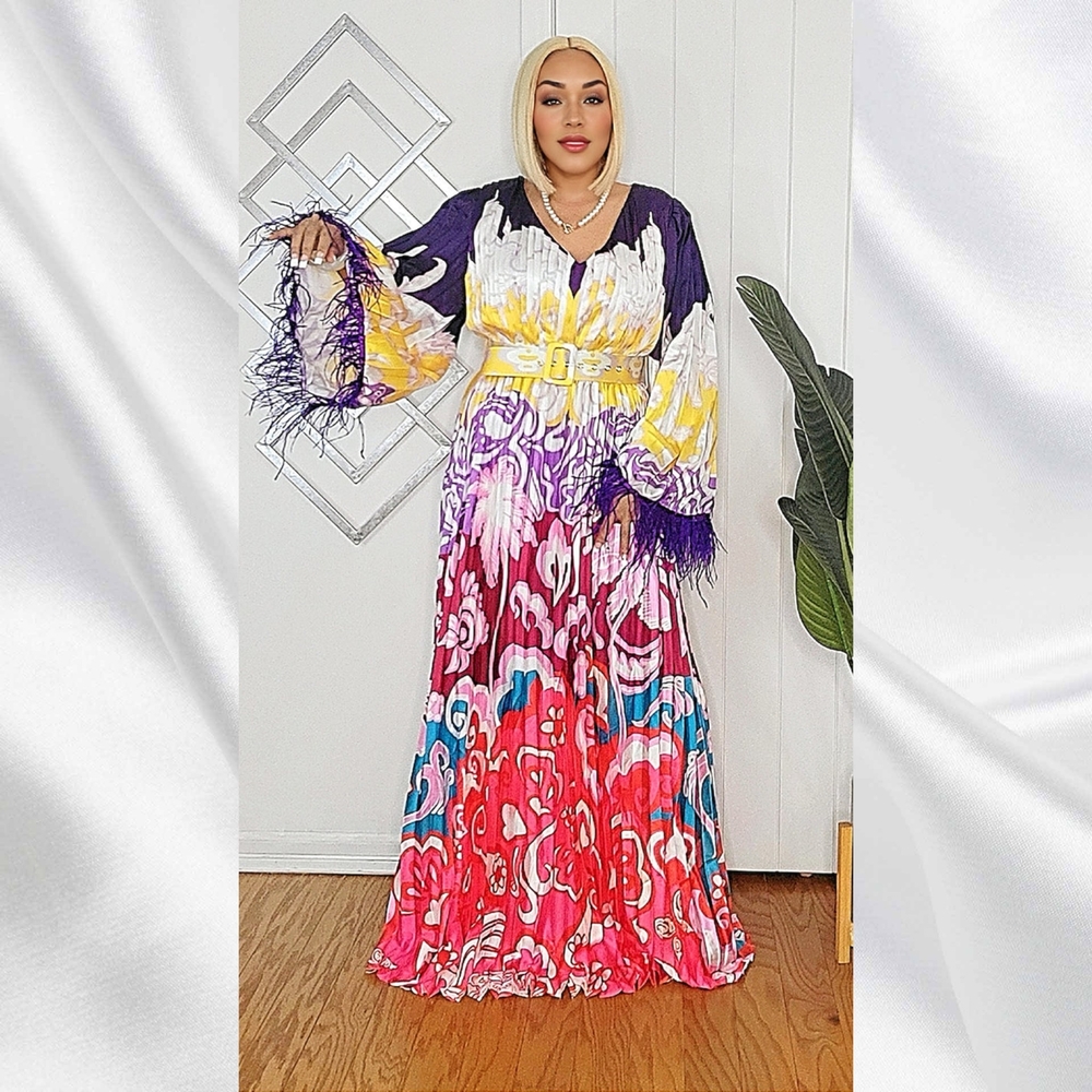 L'ATISTE Multicolor Feathered Maxi Dress